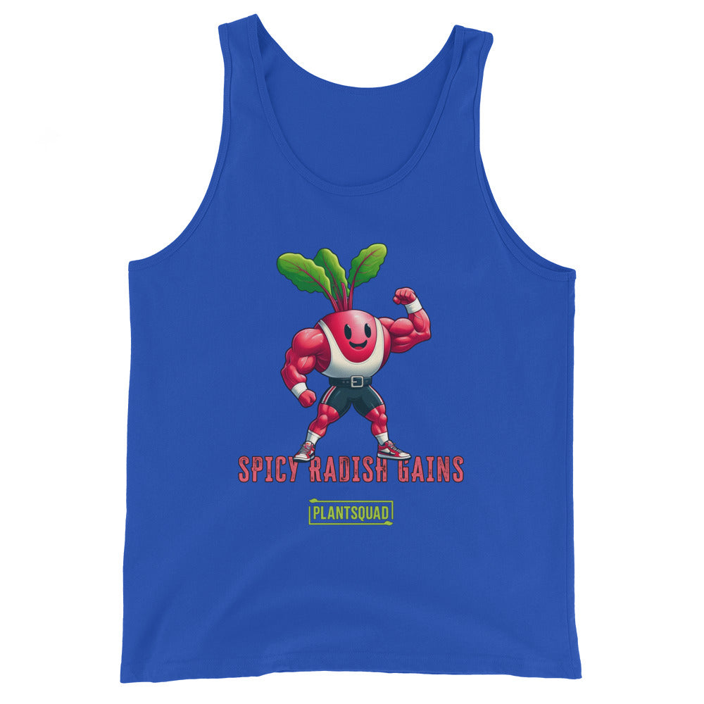 A black tank top featuring a cartoon radish character with muscular arms flexing, smiling, and wearing sneakers. The text "SPICY RADISH GAINS" is printed below the character, celebrating a plant-based lifestyle with "PLANTSQUAD" in a green box beneath the main text. Perfect vegan gym wear! Introducing the Plantsquad Radish "Spicy Radish Gains" - Unisex Tank Top.