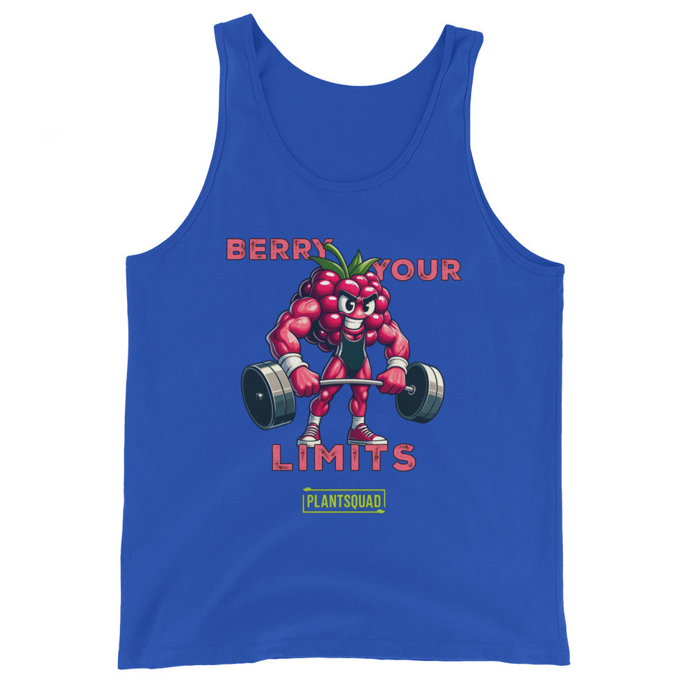 A Plantsquad Raspberry "Berry Your Limits" - Unisex Tank Top features a muscly raspberry cartoon lifting a barbell, embodying the plant-based lifestyle. The text "BERRY YOUR LIMITS" appears above the image, and "PLANTSQUAD" is displayed in a green box below the character.