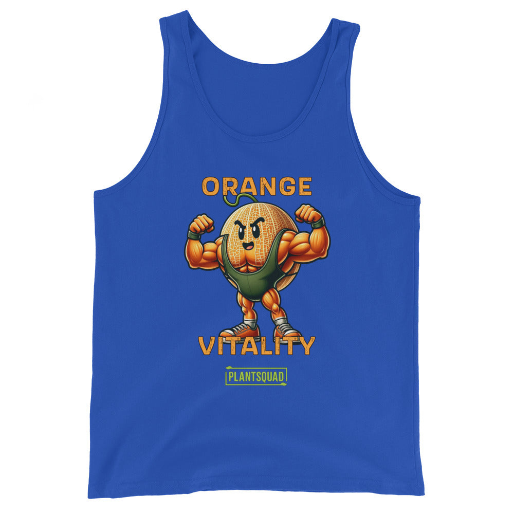 A black tank top featuring an illustrated muscular orange character flexing its arms. Above the character, the text reads "Orange Vitality" in bold orange letters, and below, a green banner with white text reads "PlantSquad." Perfect for gym enthusiasts who appreciate breathable fabric and a vegan lifestyle.

Replace with: The Plantsquad Rockmelon "Orange Vitality" - Unisex Tank Top is perfect for gym enthusiasts who appreciate breathable fabric and a vegan lifestyle.