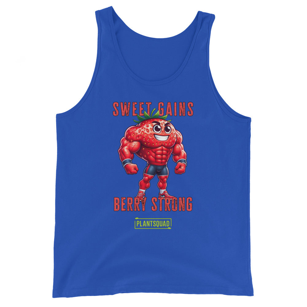 A black Plantsquad Strawberry "Sweet Gains Berry Strong" - Unisex Tank Top featuring a muscular, anthropomorphic strawberry character flexing. Above the strawberry, text reads "Sweet Gains," and below it, "Berry Strong." At the bottom, a green logo with the text "Plantsquad." Perfect for showcasing your plant-based lifestyle in the gym.