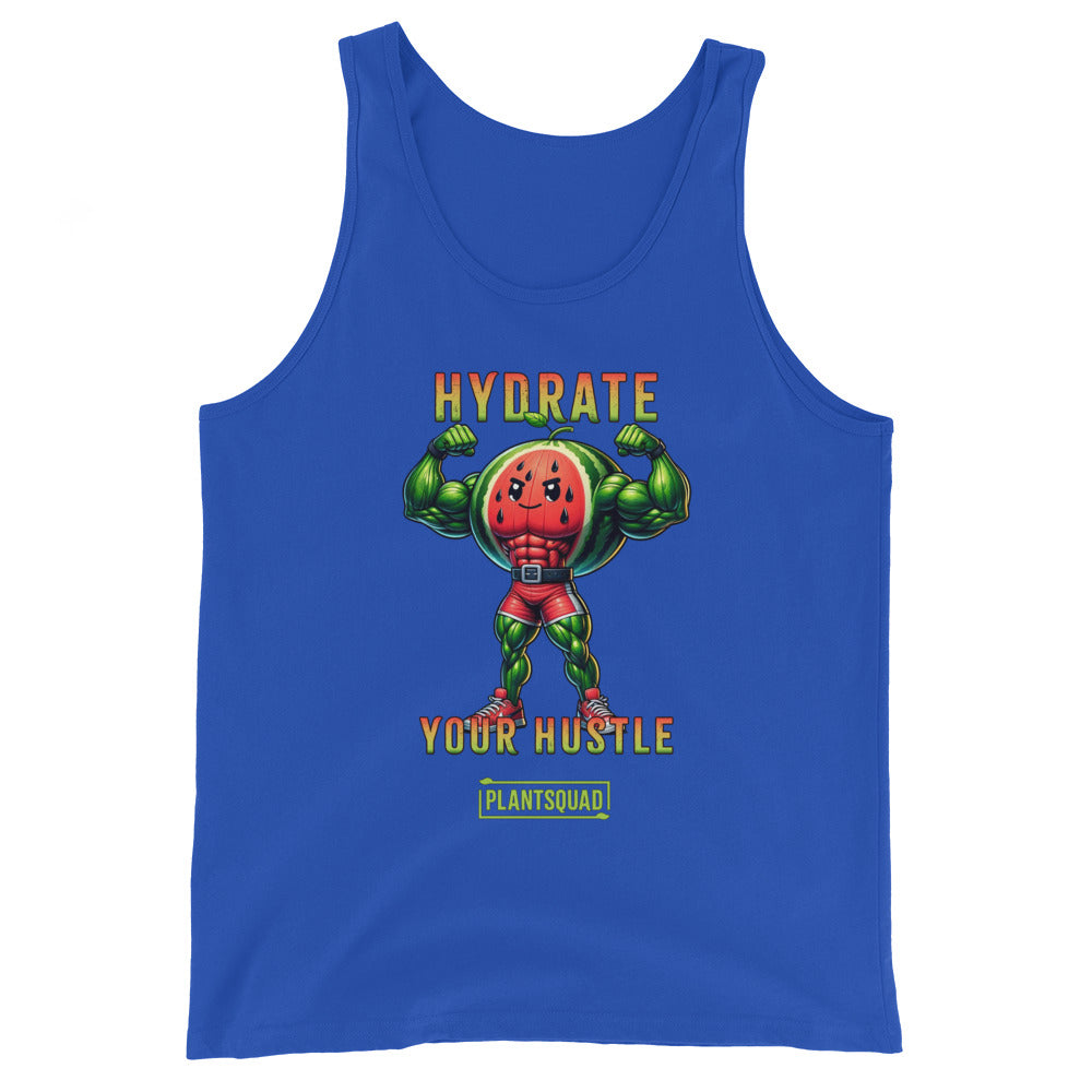 A Plantsquad Watermelon "Hydrate Your Hustle" - Unisex Tank Top featuring a muscular cartoon watermelon character flexing its arms. Text above the character reads "HYDRATE" and below it reads "YOUR HUSTLE" in bold letters. The breathable fabric ensures comfort, while the bottom displays the logo "PLANTSQUAD," perfect for a vegan lifestyle.