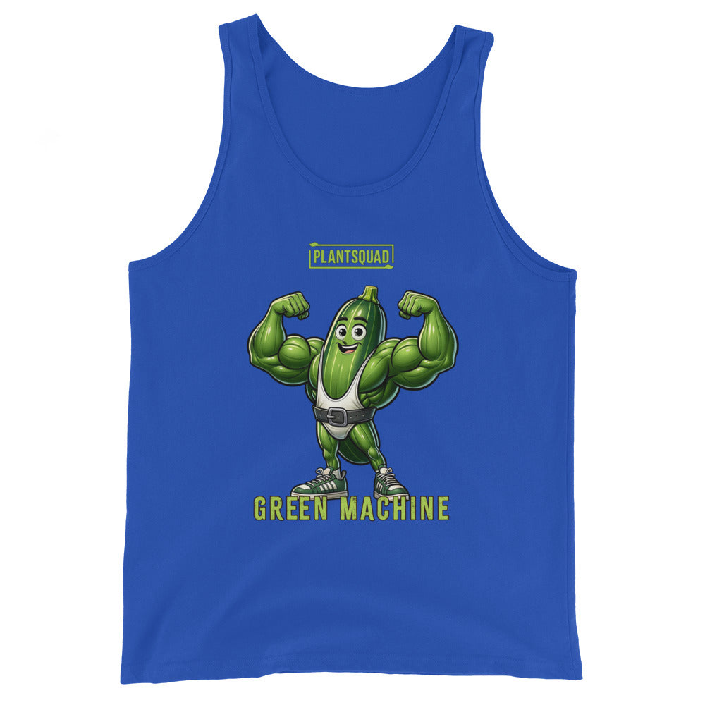 A black Plantsquad Zucchini "Green Machine" - Unisex Tank Top features a cartoon image of a muscular green vegetable character flexing its arms. Above the character, the text "PLANTSQUAD" is written, and below it, "GREEN MACHINE" is displayed. The character has a smiling face, sneakers, and a belt, perfect for promoting your plant-based lifestyle.