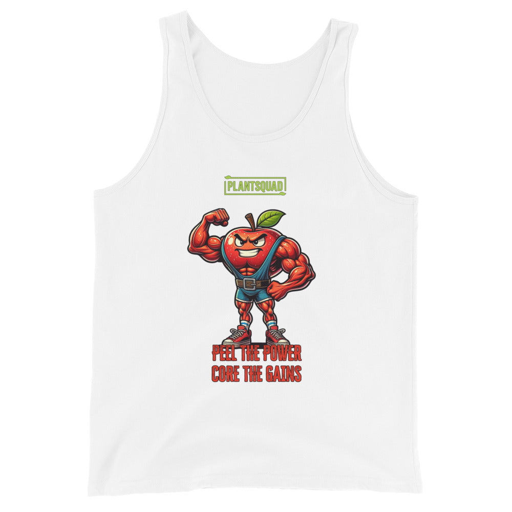 The Plantsquad Apple "Peel The Power Core The Gains" - Unisex Tank Top features a muscular anthropomorphic red apple character flexing its arm. Above it, the text reads "PLANTSQUAD," and below, "PEEL THE POWER, CORE THE GAINS" in bold letters. The apple character wears a weightlifting belt and sneakers, making it perfect for gym enthusiasts who prefer breathable fabric and a vegan lifestyle.