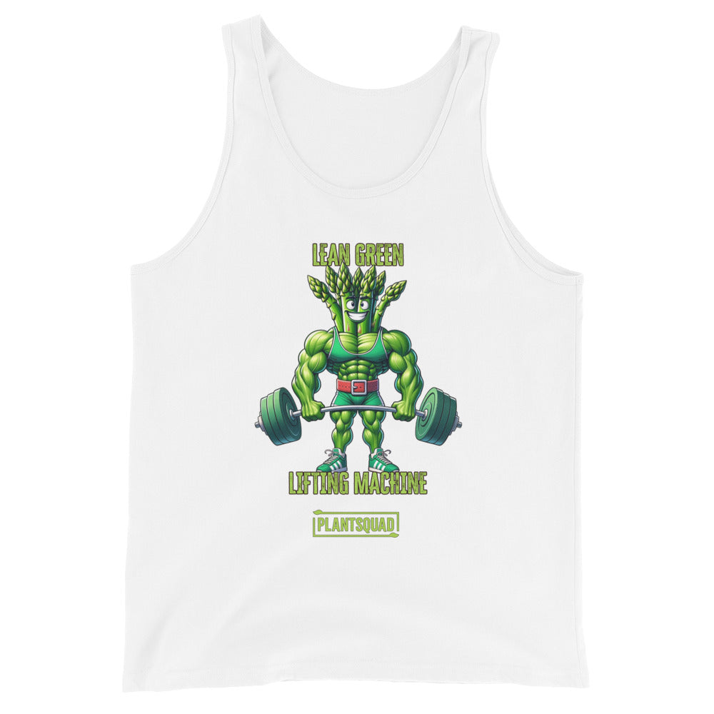 A black vegan Plantsquad Asparagus "Lean Green Lifting Machine" - Unisex Tank Top featuring an illustration of a muscular, green plant-like character lifting a barbell with heavy weights. Above the character is the text "Lean Green Lifting Machine" and below is the text "Plant Squad." Perfect for those embracing a plant-based lifestyle.