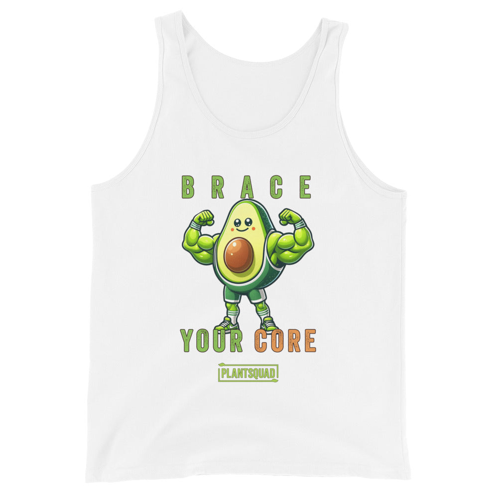 A Plantsquad Avocado "Brace Your Core" - Unisex Tank Top featuring a dynamic avocado cartoon flexing its biceps. The text above the avocado reads "BRACE," and below it reads "YOUR CORE" with "PLANTSQUAD" at the bottom. Perfect for those embracing a plant-based lifestyle and looking for stylish vegan gym wear.