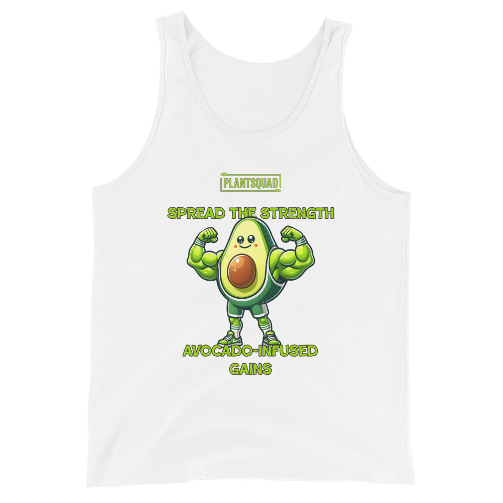 A Plantsquad Avocado "Spread The Strength Avocado-Infused Gains" - Unisex Tank Top featuring a muscly avocado cartoon flexing its arms. Above the avocado, it reads "PLANTSQUAD," while below it says, "SPREAD THE STRENGTH AVOCADO-INFUSED GAINS" in yellow-green letters. Perfect for embracing a plant-based lifestyle and vegan gym wear enthusiasts.