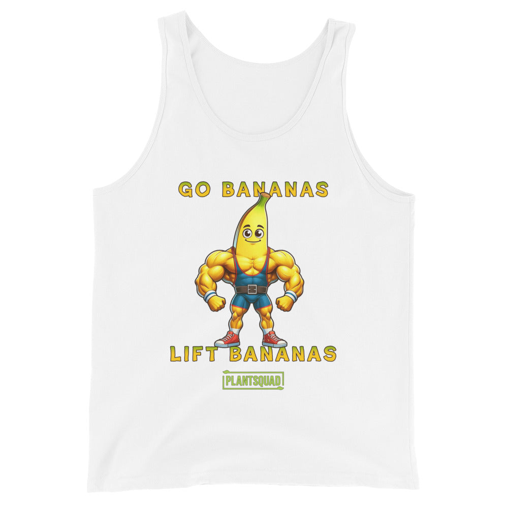 A Plantsquad Banana "Go Bananas Lift Bananas" - Unisex Tank Top featuring a cartoon banana character with a muscular body. The banana is wearing a weightlifting belt and black shorts. The text reads "GO BANANAS LIFT BANANAS" in yellow, with a small green box below containing the word "PLANTSQUAD." Perfect for gym enthusiasts embracing a plant-based lifestyle.