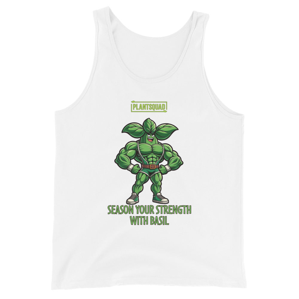 A black, plant-based tank top featuring a muscular, anthropomorphic basil plant character flexing its muscles. Above the character, text reads "PLANTSQUAD," and below it says "Season Your Strength with Basil." Perfect for those seeking vegan gym clothes or breathable workout apparel, this is the Plantsquad Basil "Season Your Strength With Basil" - Unisex Tank Top.