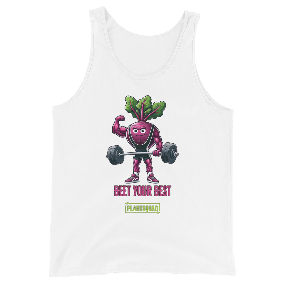 The Plantsquad Beetroot "Beet Your Best" - Unisex Tank Top features an illustration of a muscular beetroot character lifting a barbell. The text below the character reads "BEET YOUR BEST" in red and "PLANTSQUAD" in green. Perfect for gym enthusiasts embracing a plant-based lifestyle.