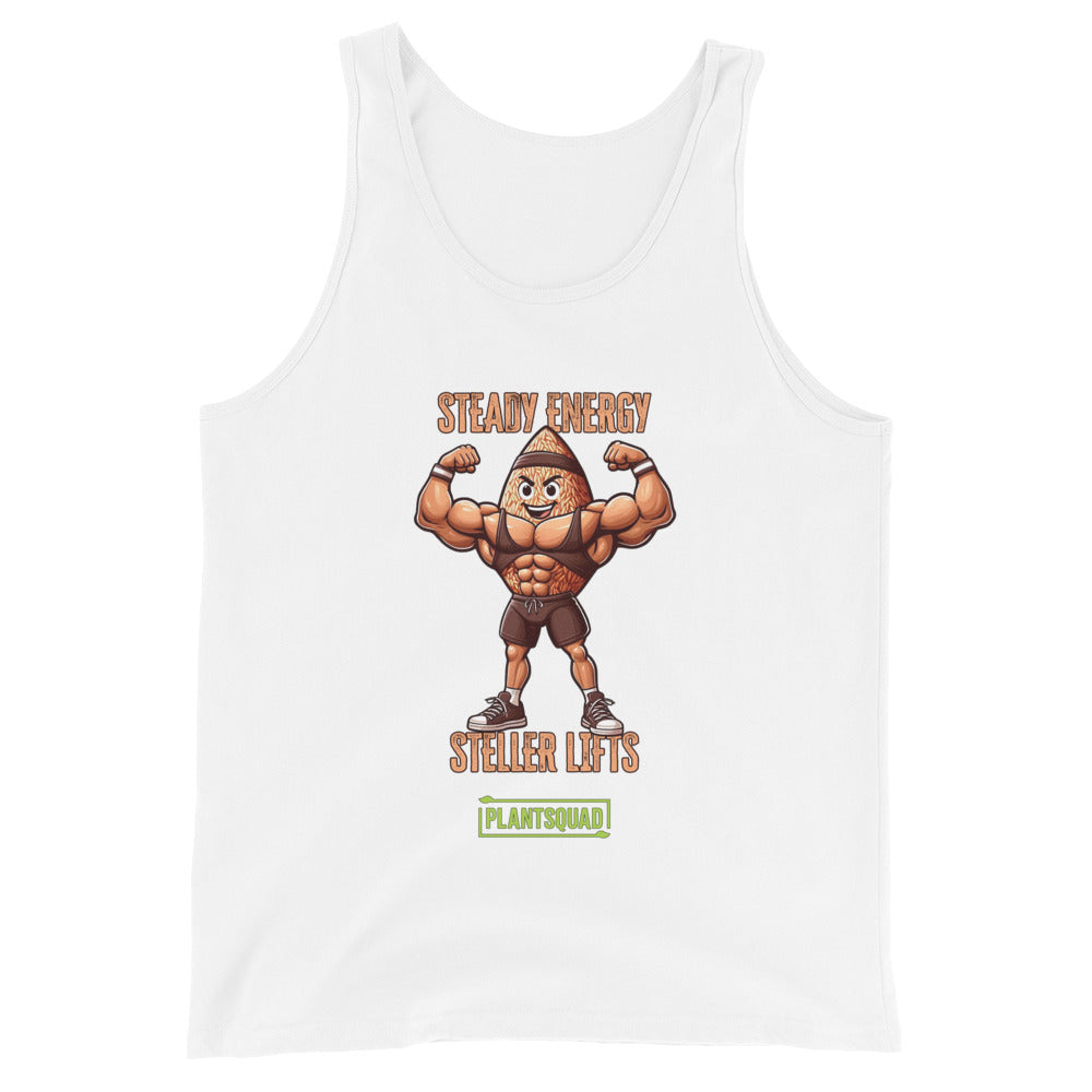 A Plantsquad Brown Rice "Steady Energy Steller Lifts" - Unisex Tank Top featuring a cartoon nut character flexing muscles. Above the character, the text reads "STEADY ENERGY." Below, it says "STELLER LIFTS." At the bottom, there's a green rectangle with the word "PLANTSQUAD," perfect for a plant-based lifestyle.