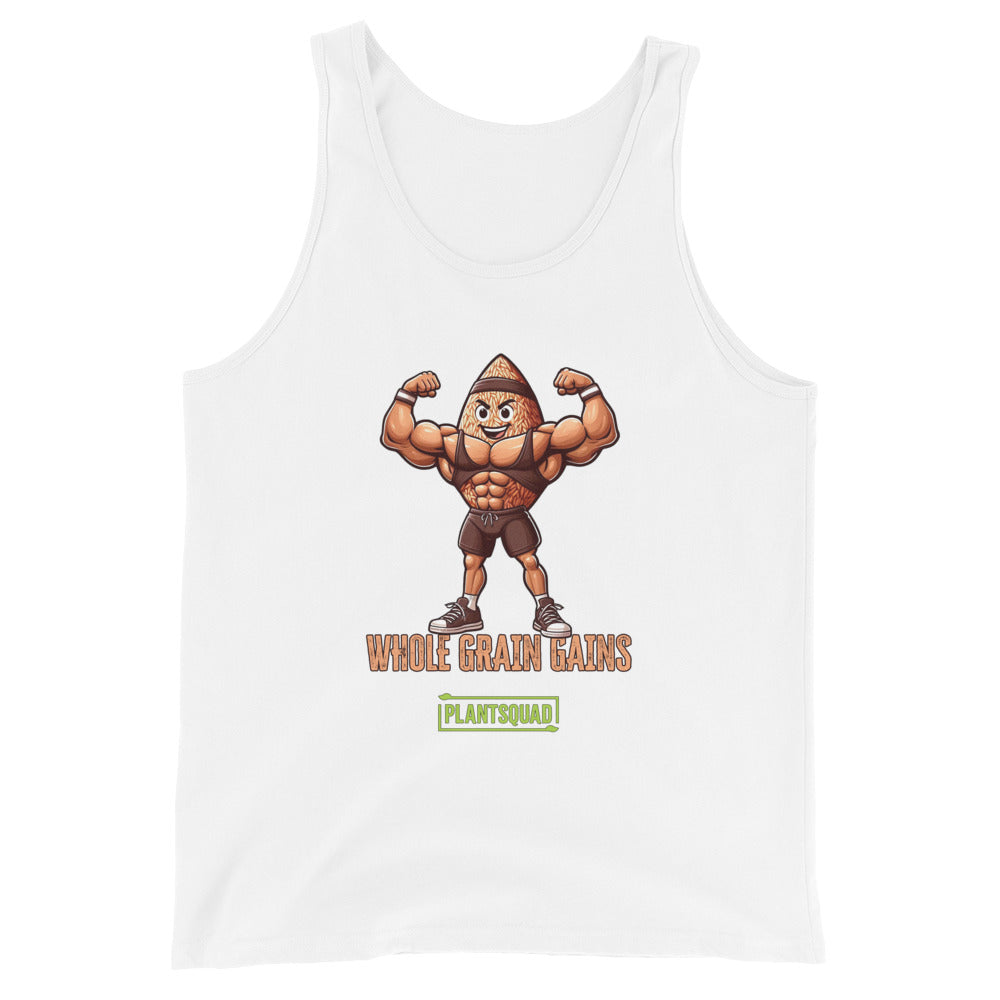 A black tank top features an illustration of a muscular, anthropomorphic grain of wheat flexing its biceps. Below the image, text reads "WHOLE GRAIN GAINS" in orange with the logo "PLANTSQUAD" in green underneath. Perfect for a plant-based lifestyle or as part of your vegan gym clothing collection, this is the Plantsquad Brown Rice "Whole Grain Gains" - Unisex Tank Top.