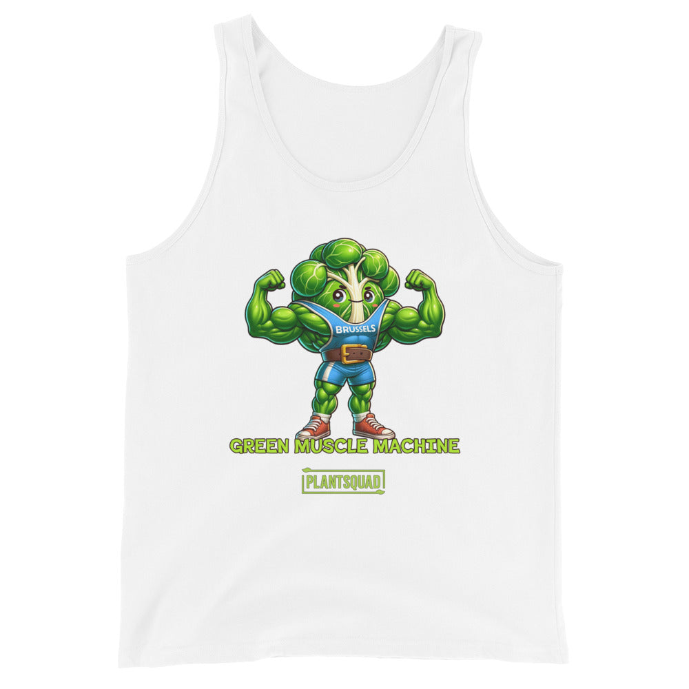 The Plantsquad Brussel Sprout "Green Muscle Machine" - Unisex Tank Top features a muscular, anthropomorphic Brussels sprout character flexing its arms. The character wears a blue shirt with "Brussels" on it. Below, the text reads "GREEN MUSCLE MACHINE" and "PLANTSQUAD." Perfect for gym enthusiasts who embrace the vegan lifestyle.