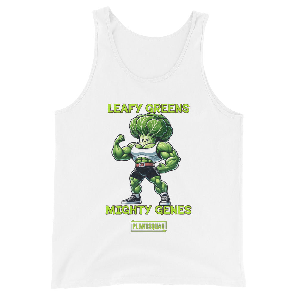 A Plantsquad Cabbage "Leafy Greens Mighty Genes" - Unisex Tank Top featuring a muscular cartoon broccoli character flexing its arms. The text above reads "LEAFY GREENS" and below reads "MIGHTY GENES" with "PLANTSQUAD" in all caps beneath the illustration—a perfect fit for gym enthusiasts embracing a plant-based lifestyle.