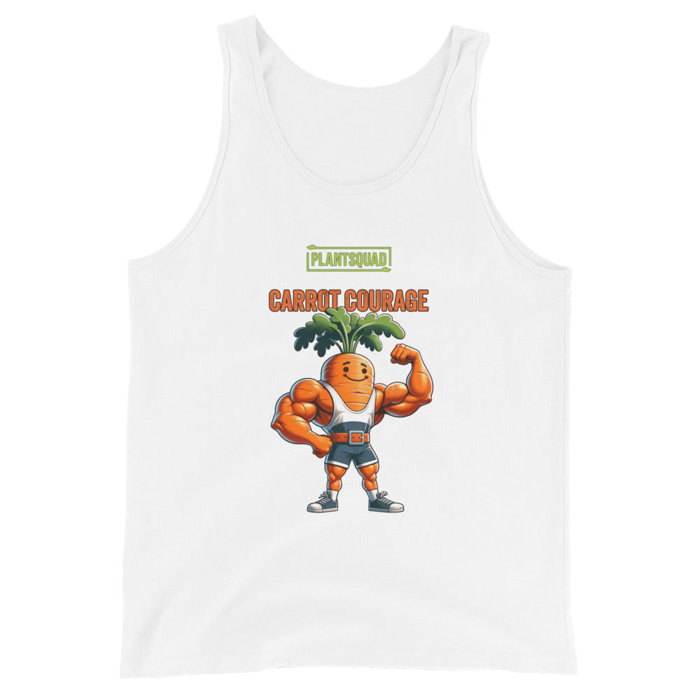 A black tank top featuring a muscular cartoon carrot with leafy green hair flexing its biceps. Above the carrot, “PLANTSQUAD” is written in green text, and below, “CARROT COURAGE” is in orange text. Perfect for gym enthusiasts embracing a vegan lifestyle, it's made from breathable fabric for maximum comfort. Introducing the Plantsquad Carrot "Carrot Courage" - Unisex Tank Top.