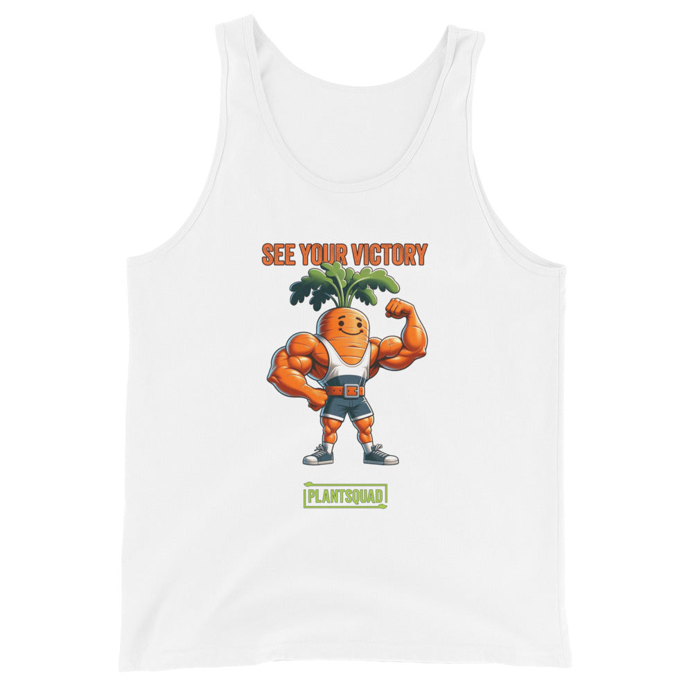 A Plantsquad Carrot "See Your Victory" - Unisex Tank Top featuring an illustration of a muscular carrot character flexing its arms, with leafy green hair. Above the character, it says "SEE YOUR VICTORY" in orange text, and below it, "PLANTSQUAD" is written in green text. Perfect for those embracing a plant-based lifestyle.