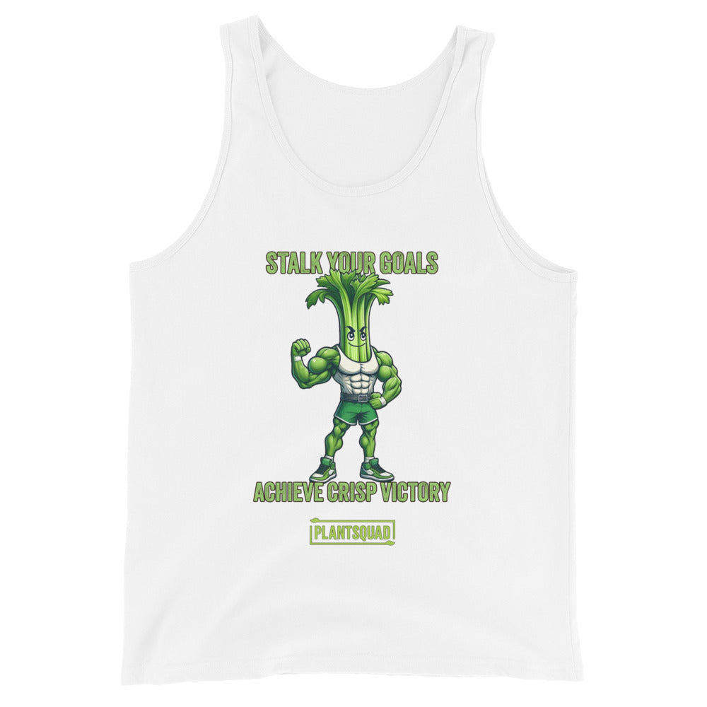 A Plantsquad Celery "Stalk Your Goals Achieve Crisp Victory" - Unisex Tank Top featuring an animated muscular celery character with a green body and determined expression. Above and below the character are the phrases, "Stalk Your Goals" and "Achieve Crisp Victory," respectively, in green text. This premium workout tank top is perfect for those embracing a plant-based lifestyle. A "PlantSquad" logo is at the bottom.