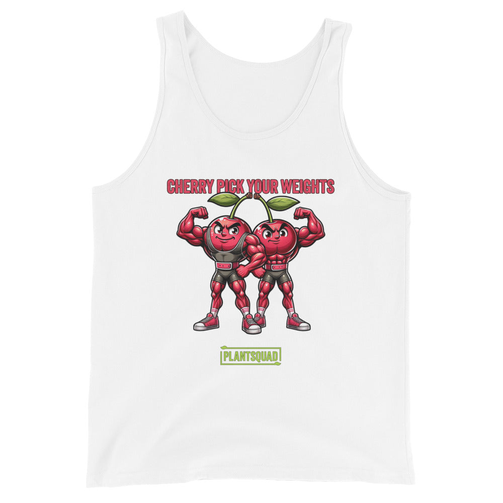 A black workout tank top featuring two muscular cartoon cherries flexing their biceps. Above them, red text reads "CHERRY PICK YOUR WEIGHTS," and below them, green text on a white background proudly states "Plantsquad." Perfect for vegans dedicated to fitness, this is the Plantsquad Cherries "Cherry Pick Your Weights" - Unisex Tank Top.