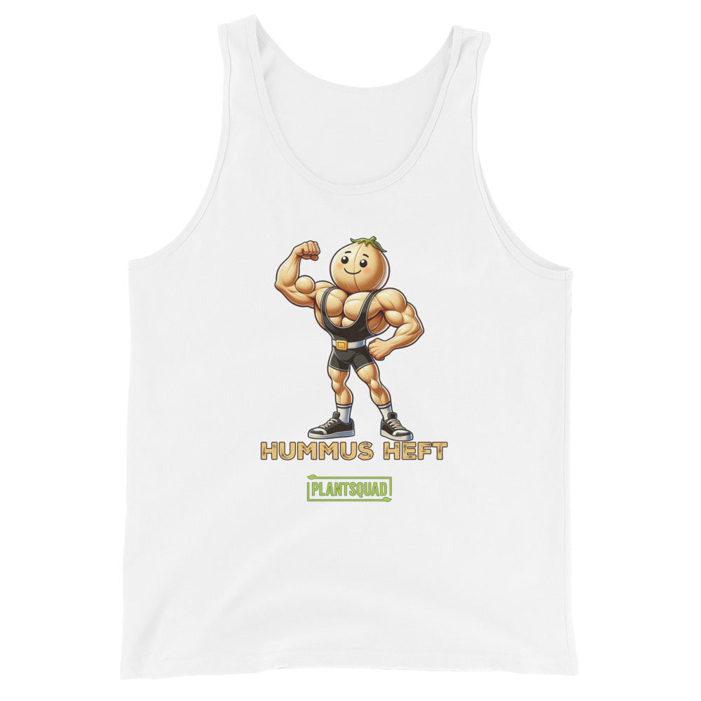 A black tank top made from breathable fabric, featuring an illustration of a muscular chickpea character flexing its arm, with the text "Hummus Heft" and a small green label reading "PlantSquad," perfect for a vegan workout tank top that celebrates the plant-based lifestyle can be replaced with Plantsquad Chickpea "Hummus Heft" - Unisex Tank Top.