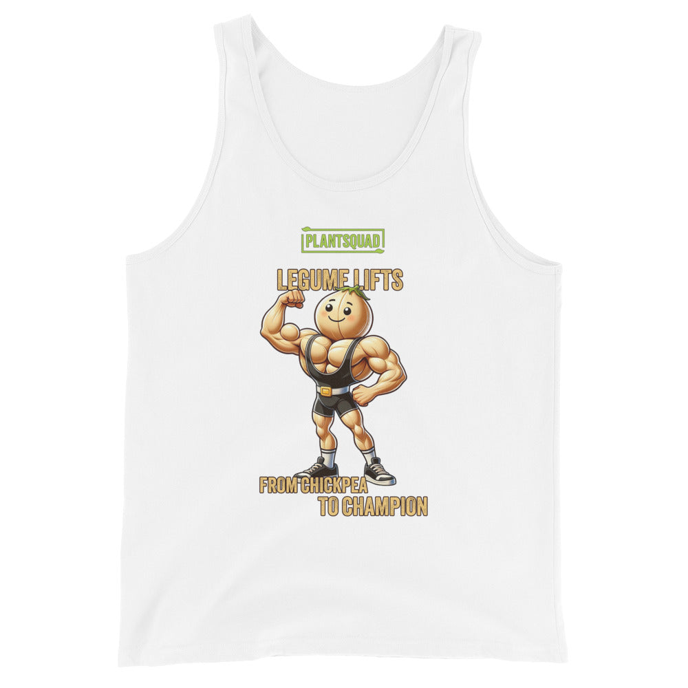 A Plantsquad Chickpea "Legume Lifts" - Unisex Tank Top with a cartoon image of a muscular chickpea flexing its biceps. The text above reads "PLANTSQUAD," and below the image, "LEGUME LIFTS - FROM CHICKPEA TO CHAMPION." Perfect for gym enthusiasts embracing the vegan lifestyle.