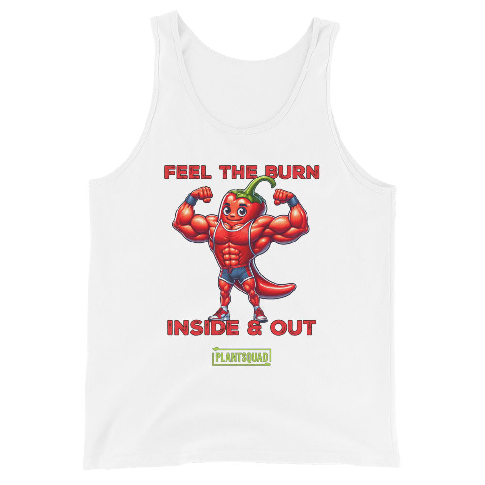 A black vegan tank top featuring a cartoon image of a muscular chili pepper flexing its biceps. The text above the image reads "FEEL THE BURN," and below it, "INSIDE & OUT." Crafted from premium breathable fabric, this Plantsquad Chilli "Feel The Burn Inside & Out" - Unisex Tank Top displays “PLANTSQUAD” at the bottom, perfect for showcasing your workout potential.