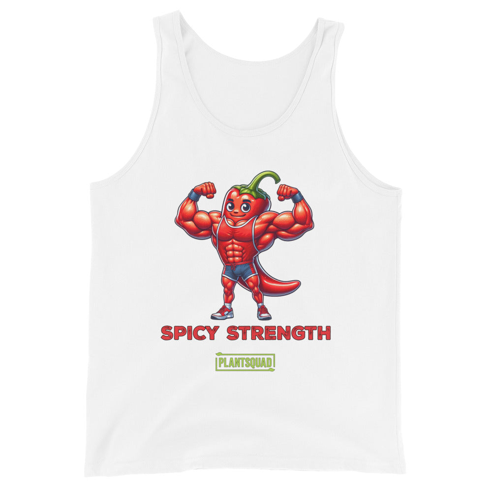 A black Plantsquad Chilli "Spicy Strength" - Unisex Tank Top featuring a muscular cartoon chili pepper flexing its biceps. Beneath the pepper, the text reads "SPICY STRENGTH" in red, with a green label below it that says "PLANTSQUAD." Ideal for gym enthusiasts and those embracing a plant-based lifestyle.