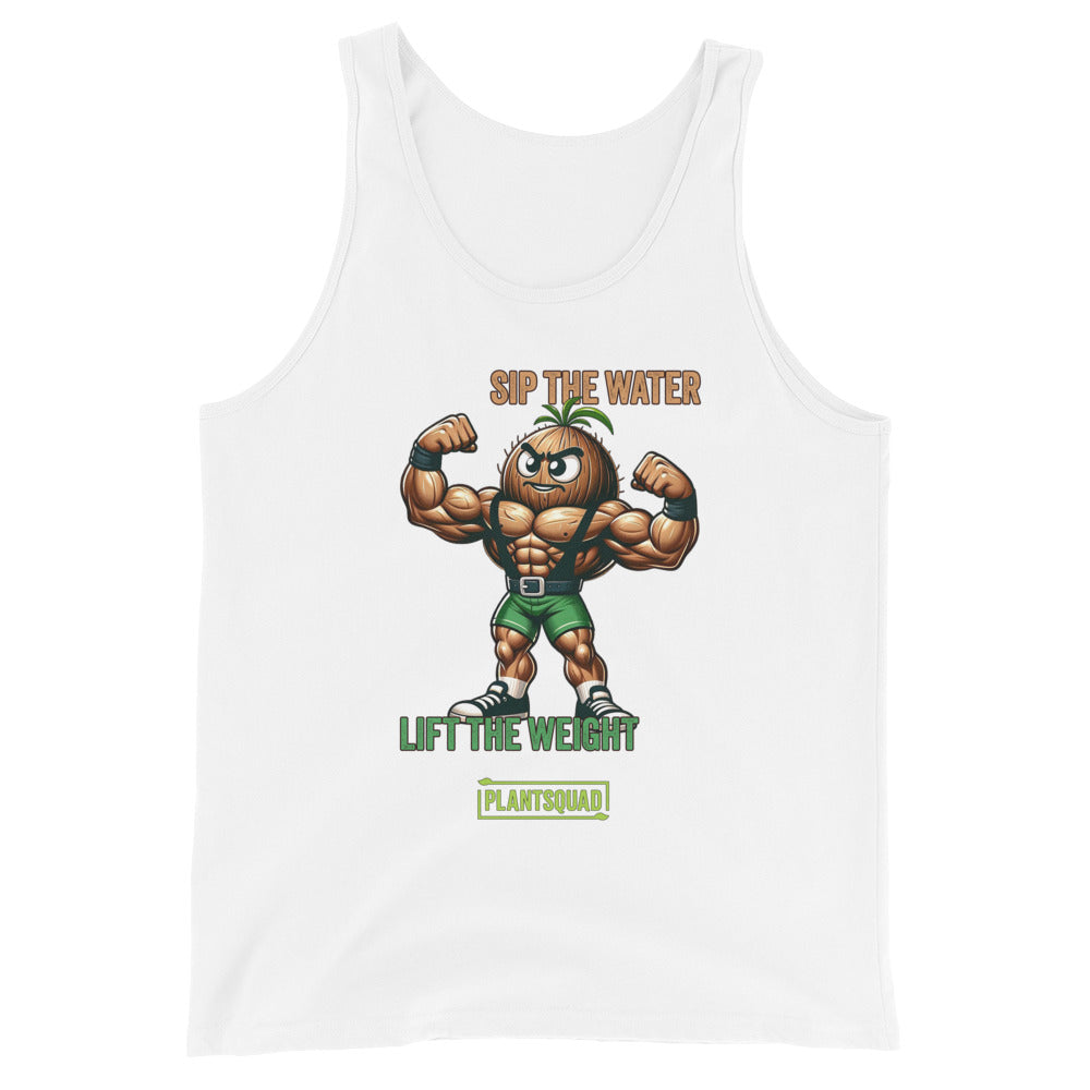 A black Plantsquad Coconut "Sip The Water Lift The Weight" - Unisex Tank Top featuring a muscular cartoon broccoli flexing its biceps. It has the text "SIP THE WATER" in orange, "LIFT THE WEIGHT" in green, and "PLANTSQUAD" in a green box at the bottom. Perfect for gym enthusiasts embracing a plant-based lifestyle.