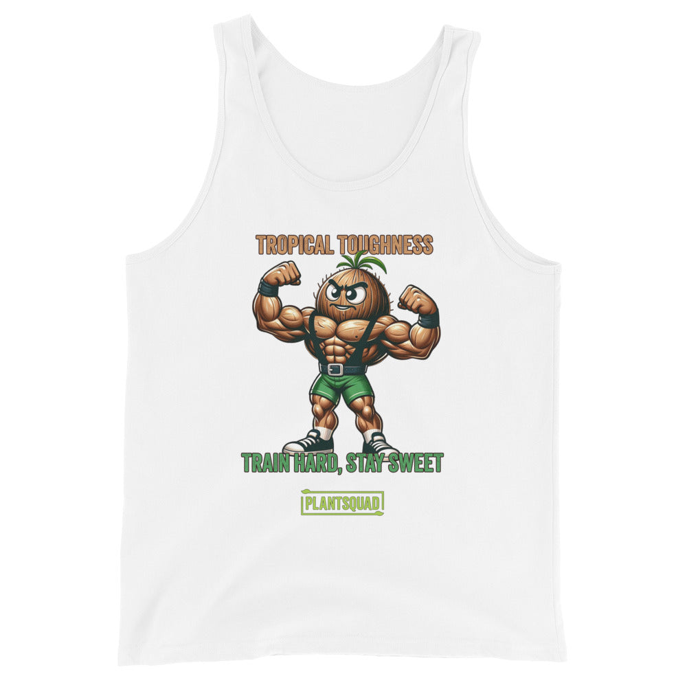 Sure, here's the sentence with the product name replaced:

The Plantsquad Coconut "Tropical Toughness Train Hard Stay Sweet" - Unisex Tank Top is a black sleeveless tank top featuring an illustration of a muscular anthropomorphic pineapple flexing its biceps. The text "Tropical Toughness" is written above the pineapple, and "Train Hard, Stay Sweet" along with "Plant Squad" is written below it—perfect vegan gym wear for a plant-based lifestyle.