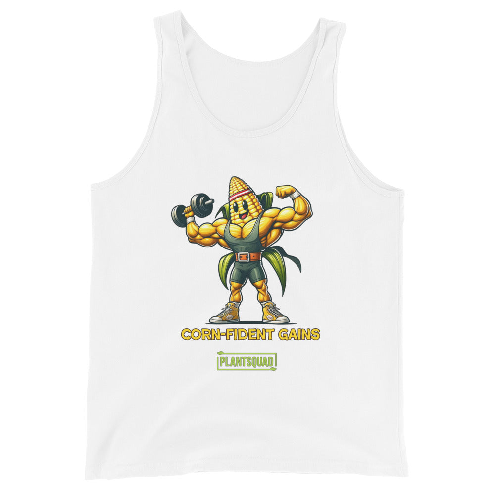 A black gym tank top featuring a muscular cartoon corn on the cob lifting a dumbbell. The corn character has sunglasses and a confident expression. The text below reads "CORN-FIDENT GAINS" and "PLANTSQUAD." Perfect for those seeking vegan workout clothes with style, this is the Plantsquad Corn "Corn-fident Gains" - Unisex Tank Top!