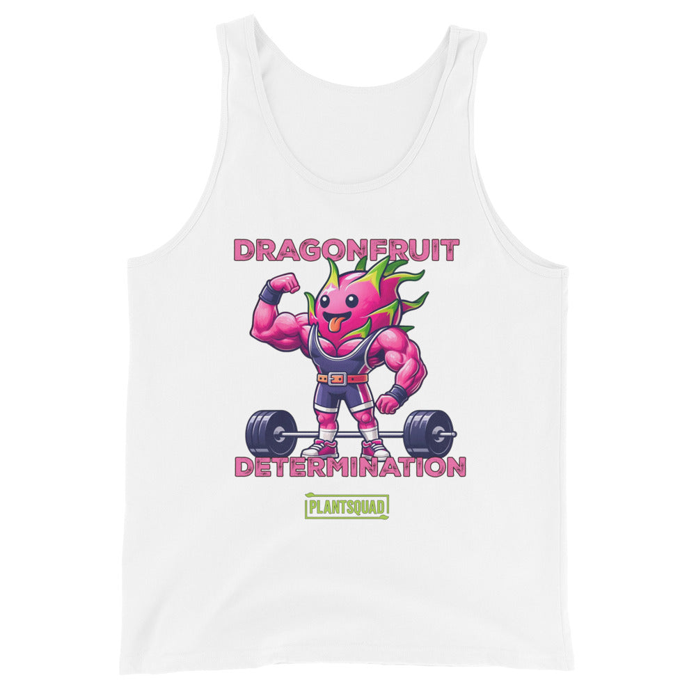 The Plantsquad Dragonfruit "Dragonfruit Determination" - Unisex Tank Top is a sleeveless black tank, showcasing a muscular, anthropomorphic dragon fruit character in a bodybuilding pose. Perfect for intense training sessions, it features "DRAGONFRUIT DETERMINATION" above and below the character, with a "PLANTSQUAD" logo at the bottom.