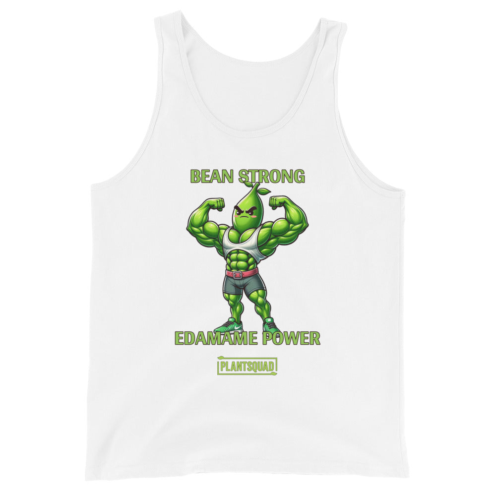 A black Plantsquad Edamame "Bean Strong Edamame Power" - Unisex Tank Top featuring an illustration of an anthropomorphic edamame bean flexing its arm muscles, perfect for gym enthusiasts. Above it in green text, it says "BEAN STRONG," and below it, "EDAMAME POWER." At the bottom, there is a green logo with the text "PLANTSQUAD." Embrace the vegan lifestyle!