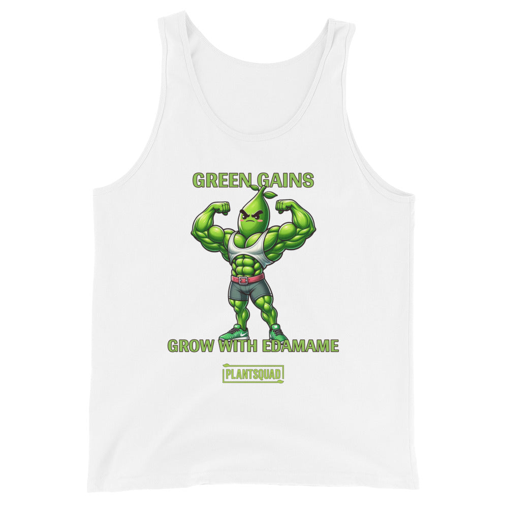 A black tank top showcases a muscly edamame bean character flexing, with the text "GREEN GAINS GROW WITH EDAMAME" above and below it, perfect for those embracing a plant-based lifestyle. Plantsquad Edamame "Green Gains Grow With Edamame" - Unisex Tank Top is marked at the bottom on a yellow tag.