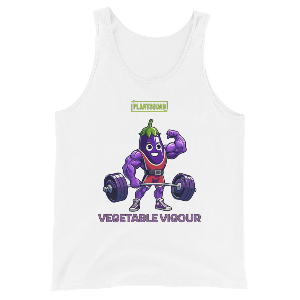 Black vegan tank top featuring a muscular, purple cartoon eggplant character lifting heavy barbells. The eggplant is smiling and flexing one arm. Perfect for gym enthusiasts with a plant-based lifestyle, this top has "PLANT SQUAD" above the character and "VEGETABLE VIGOUR" below in bold text. Introducing the Plantsquad Eggplant "Vegetable Vigour" - Unisex Tank Top.