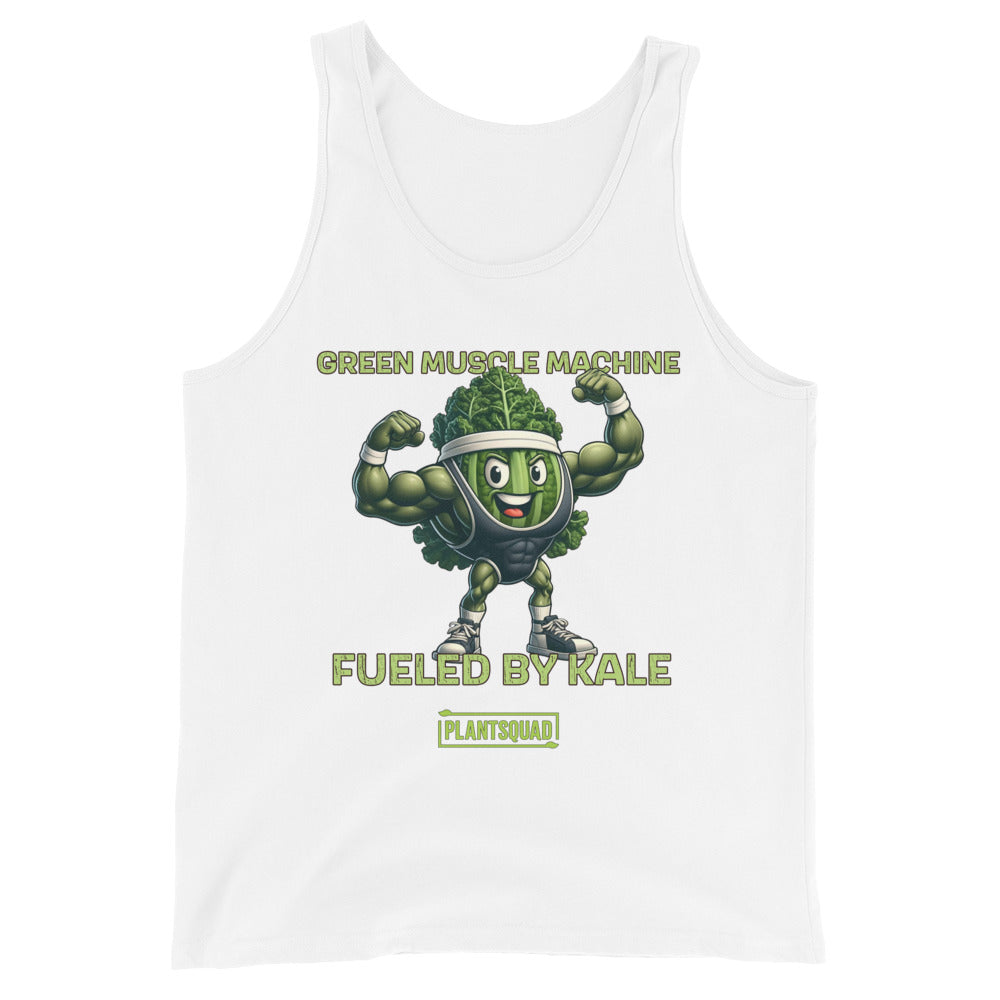 The Plantsquad Kale "Green Muscle Machine Fueled By Kale" - Unisex Tank Top features a muscly kale cartoon flexing its biceps. Above the graphic, the text reads "GREEN MUSCLE MACHINE," and below it, "FUELED BY KALE." At the bottom, the word "PLANTSQUAD" appears in a green banner. Perfect for vegan gym enthusiasts embracing a plant-based lifestyle.