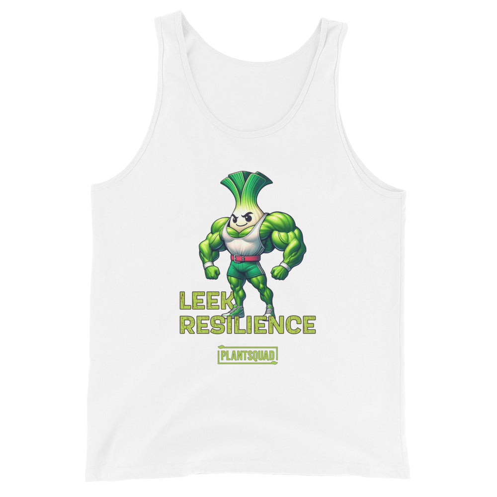 A Plantsquad Leek "Leek Resilience" - Unisex Tank Top featuring a muscular cartoon leek character. The text "LEEK RESILIENCE" is written in green below the character, and "PLANTSQUAD" is written at the bottom. Ideal for gym enthusiasts embracing a plant-based lifestyle, the leek has a determined expression and is flexing its arms.