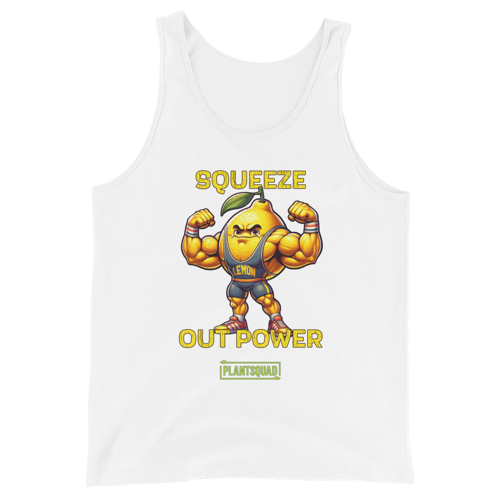 A Plantsquad Lemon "Squeeze Out Power" - Unisex Tank Top featuring a muscular cartoon lemon flexing its arms. The text above the lemon reads "SQUEEZE OUT POWER," and below it is "PLANTSQUAD." Perfect for anyone embracing a plant-based lifestyle, the lemon character is wearing a headband and sneakers.