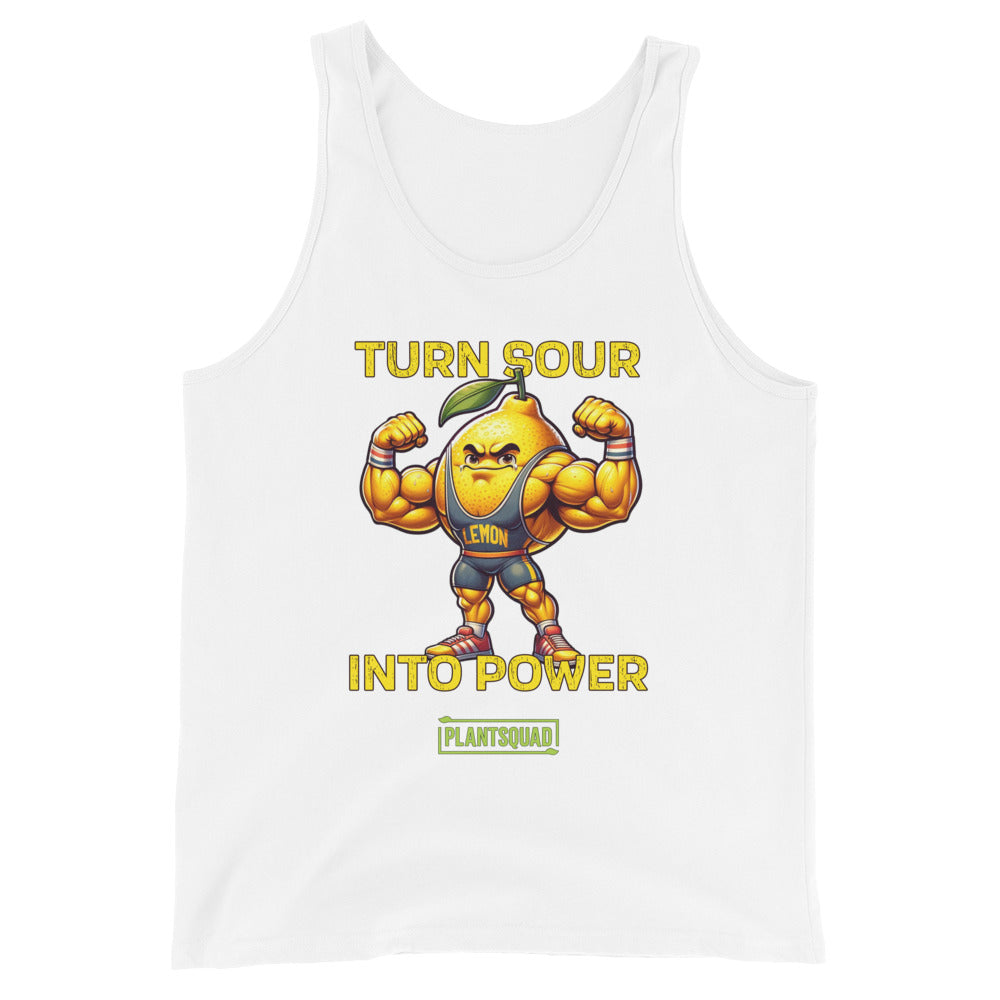 Black tank top with a muscular cartoon lemon flexing its arms. The lemon has a leaf on its head and is wearing a blue singlet labeled "LEMON." The text reads: "TURN SOUR INTO POWER," with a logo at the bottom reading "PLANTSQUAD." Perfect breathable workout tank for your plant-based lifestyle. Introducing the Plantsquad Lemon "Turn Sour Into Power" - Unisex Tank Top.