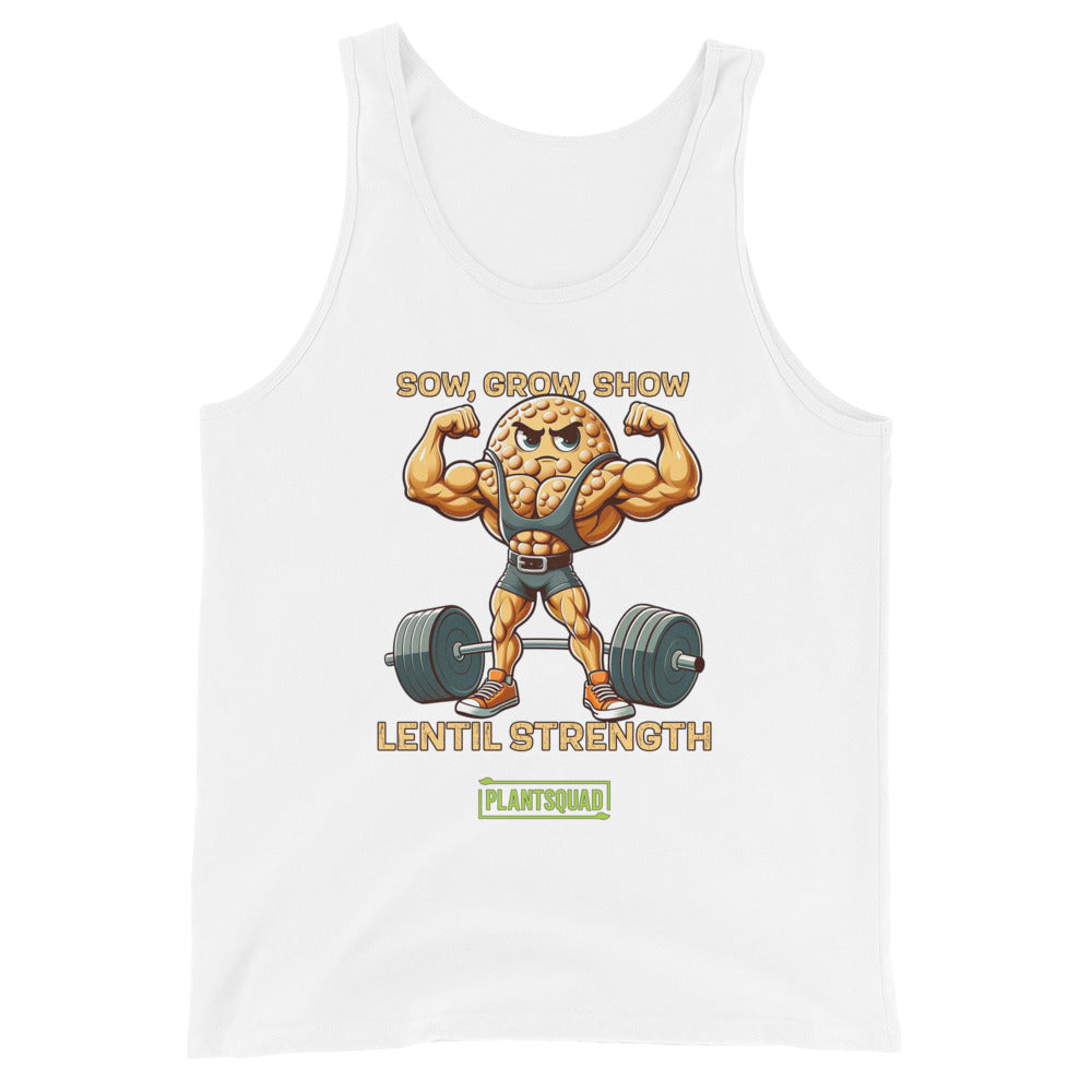 A black Plantsquad Lentil "Sow Grow Show Lentil Strength" - Unisex Tank Top featuring a cartoon lentil character with muscular arms lifting a barbell. The text above reads "Sow, Grow, Show" and below, "Lentil Strength." At the bottom, there's a green PLANTSQUAD logo. Perfect for those embracing a vegan lifestyle.