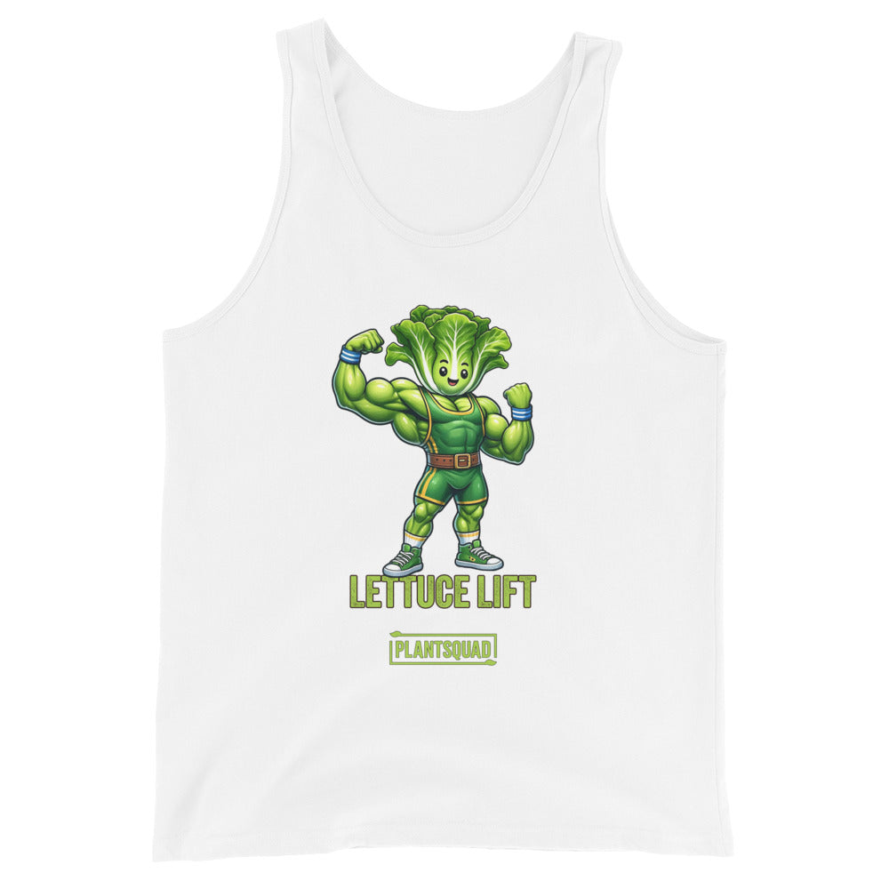 A Plantsquad Lettuce "Lettuce Lift" - Unisex Tank Top featuring a muscular cartoon lettuce character flexing its arms. Below the character, the text reads "LETTUCE LIFT" and "PLANTSQUAD" in green letters, perfect for showcasing your plant-based lifestyle and dedication to vegan gym apparel.