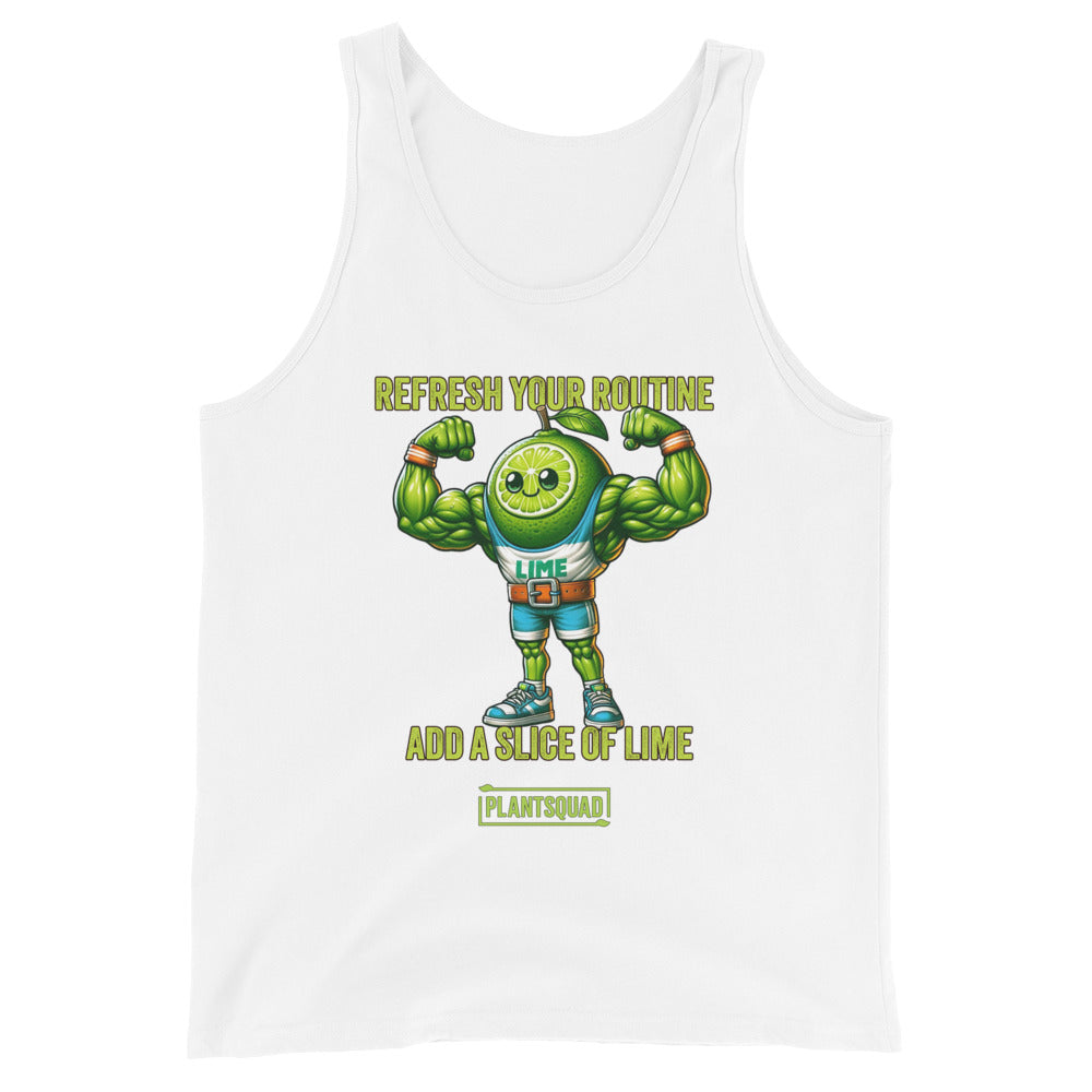 A Plantsquad Lime "Refresh Your Routine Add A Slice Of Lime" - Unisex Tank Top featuring an illustration of a muscular lime in an athletic outfit. The lime character is flexing its arms and smiling. Above the lime, text reads "REFRESH YOUR ROUTINE," and below, it says "ADD A SLICE OF LIME" with "PLANT SQUAD" at the bottom. Perfect for a vegan lifestyle!