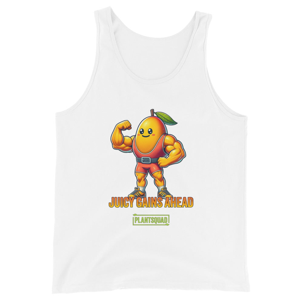 A black tank top crafted from breathable fabric, featuring a muscular, anthropomorphized mango with a leaf on its head, flexing its biceps. Below the mango, the text reads "JUICY GAINS AHEAD" in bold orange letters, with "PLANTSQUAD" written within a green box underneath—perfect for gym enthusiasts living a plant-based lifestyle. This is the Plantsquad Mango "Juicy Gains Ahead" - Unisex Tank Top.