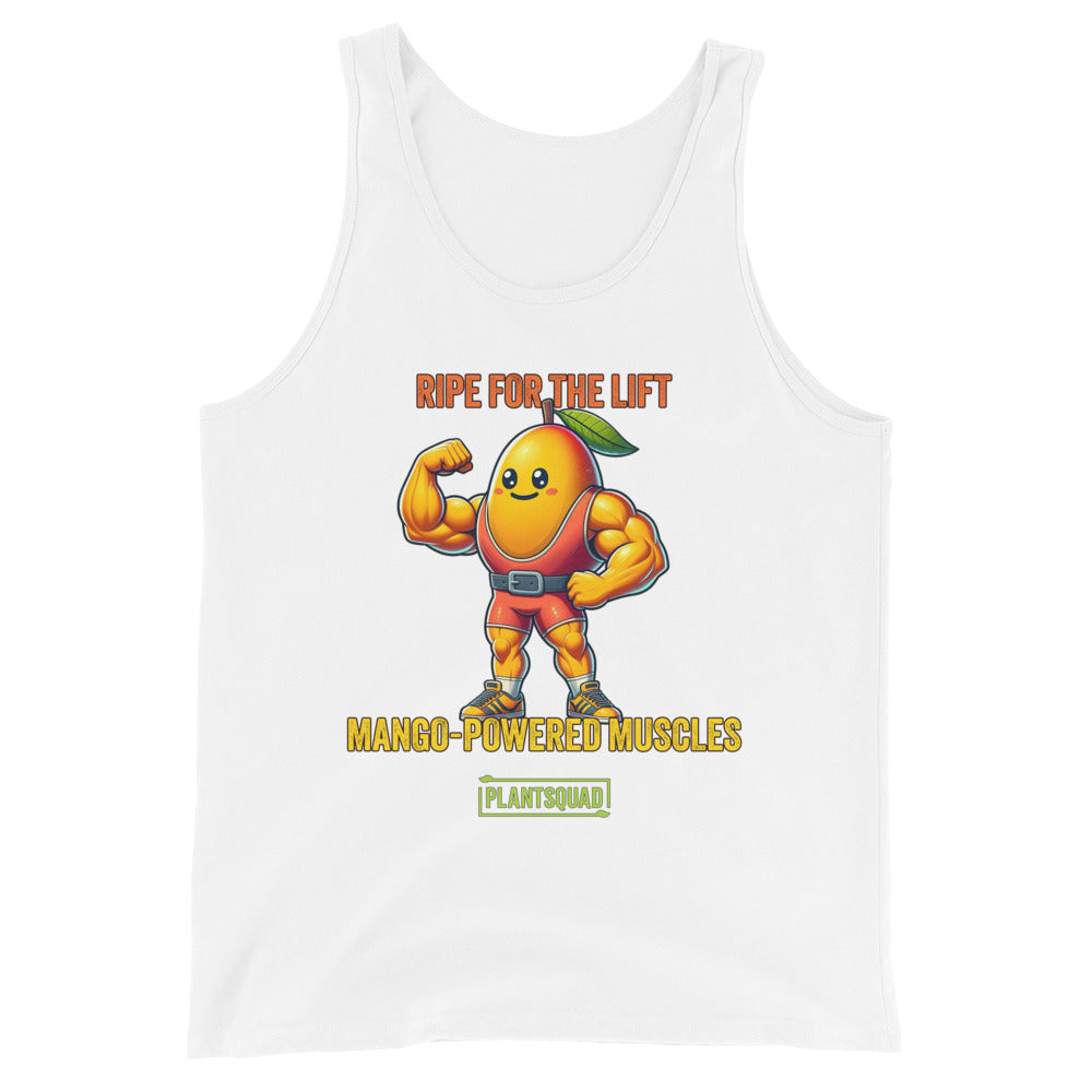 Graphic on a Plantsquad Mango "Ripe For The Lift Mango-Powered Muscles" - Unisex Tank Top featuring a muscular, anthropomorphic mango flexing its arms. The text above the mango reads, "RIPE FOR THE LIFT," and below it reads, "MANGO-POWERED MUSCLES." Designed for gym enthusiasts embracing a plant-based lifestyle, the breathable fabric ensures comfort. The logo at the bottom says "PLANTSQUAD.