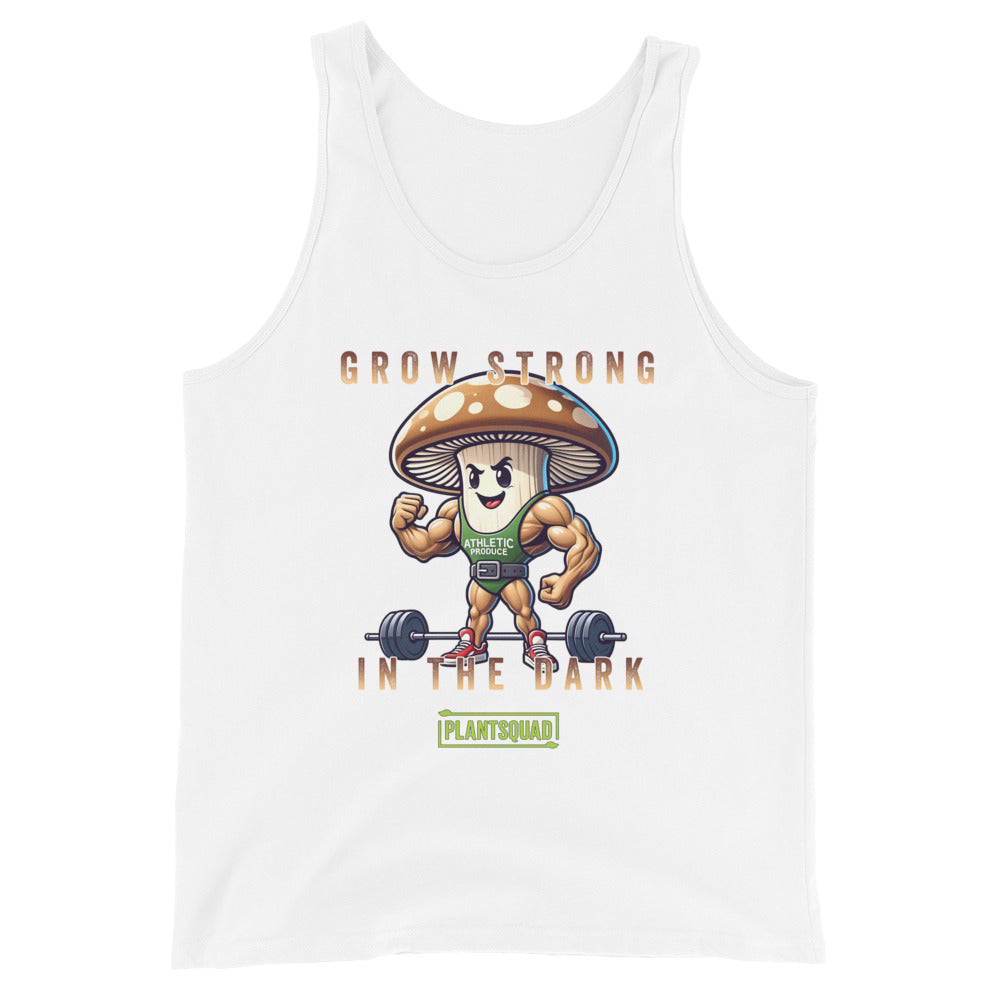 A black Plantsquad Mushroom "Grow Strong In The Dark" - Unisex Tank Top features a cartoon mushroom lifting weights with muscular arms. Text above and below the mushroom reads, "Grow Strong in the Dark - PlantSquad". Perfect for gym enthusiasts embracing a plant-based lifestyle, the mushroom sports a green athletic shirt with "ATHLETIC" on it.