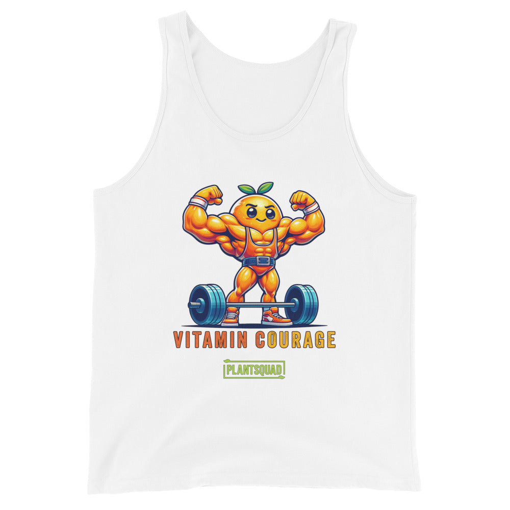 A black gym tank top featuring a muscular orange character lifting a barbell. The character has a determined face, wearing orange shorts and shoes, with a green leaf on its head. The text below reads "VITAMIN COURAGE" and "PLANTSQUAD" with a green rectangular frame around it—perfect for those embracing a vegan workout clothing style. The product is called Plantsquad Orange "Vitamin Courage" - Unisex Tank Top.