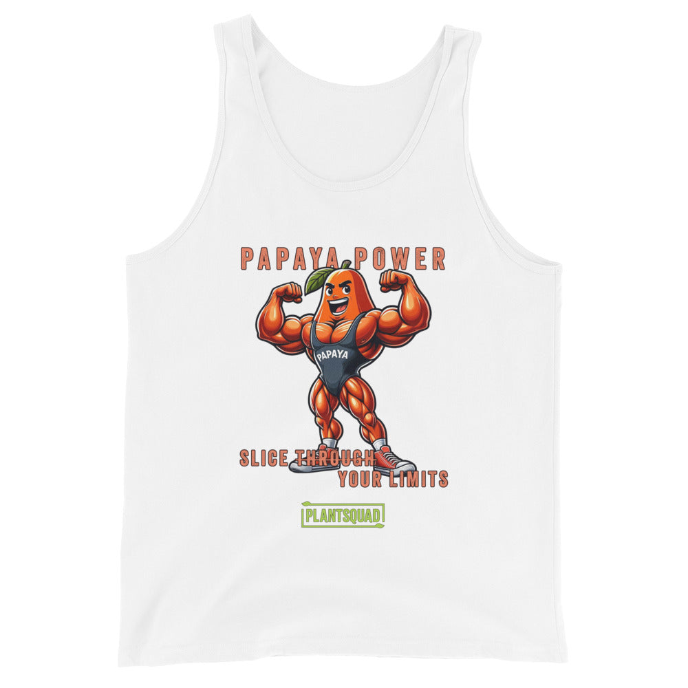 A Plantsquad Papaya "Papaya Power Slice Through Your Limits" - Unisex Tank Top featuring an illustration of a muscular papaya fruit character wearing gym attire, flexing its arms. The text reads "PAPAYA POWER" at the top, "SLICE THROUGH YOUR LIMITS" in the middle, and "PLANTSQUAD" at the bottom – perfect for those embracing a vegan lifestyle.