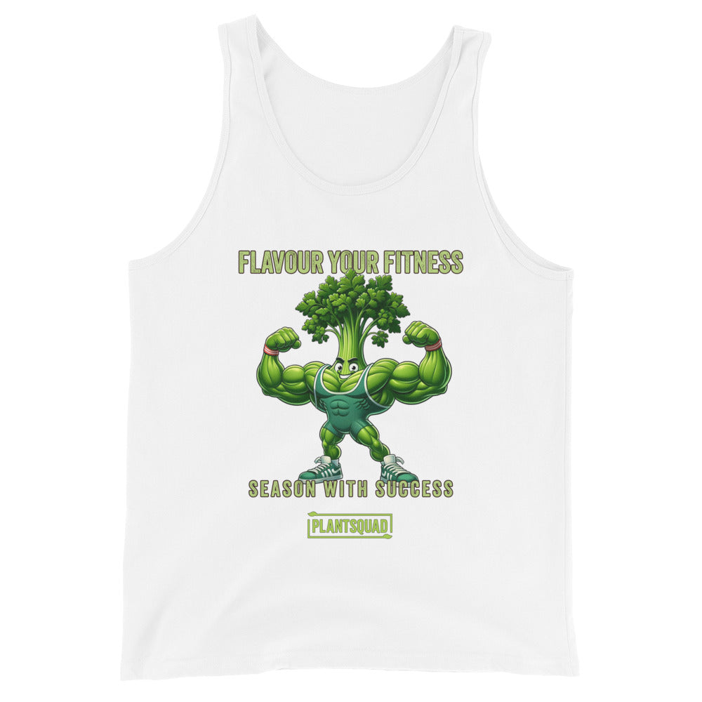 A black Plantsquad Parsley "Flavour Your Fitness Season With Success" - Unisex Tank Top featuring a cartoon image of a muscular broccoli flexing its arms. Above the broccoli, the text reads "FLAVOUR YOUR FITNESS" and below, it states "SEASON WITH SUCCESS." At the bottom, the text "PLANTSQUAD" is displayed. Perfect for your plant-based lifestyle or vegan gym wear collection.