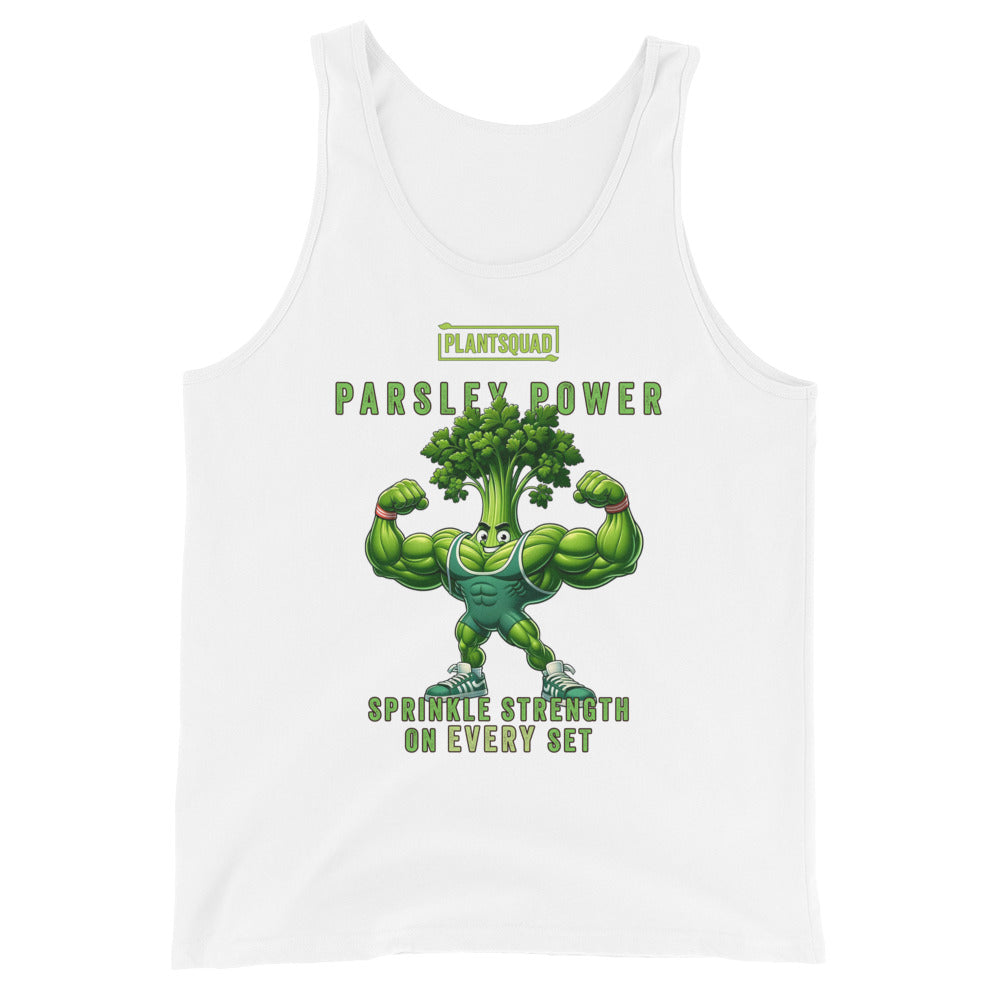 A black tank top features an illustration of a muscular anthropomorphic parsley plant flexing its biceps. Above the character, text reads "PLANTSQUAD PARSLEY POWER," and below it, the text says "SPRINKLE STRENGTH ON EVERY SET." Perfect for gym enthusiasts embracing a plant-based lifestyle, the Plantsquad Parsley "Parsley Power Sprinkle Strength On Every Set" - Unisex Tank Top is a must-have.