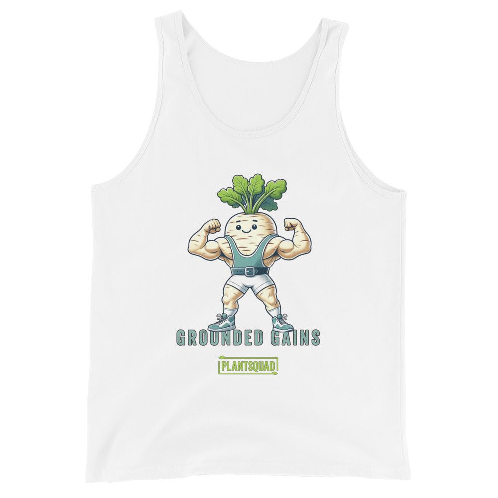 A Plantsquad Parsnip "Grounded Gains" - Unisex Tank Top featuring an illustration of a muscular radish flexing its arms in gym attire. Perfect for gym enthusiasts embracing the vegan lifestyle, it boasts the text "GROUNDED GAINS" above "PLANTSQUAD" at the bottom and is made from breathable fabric for maximum comfort.