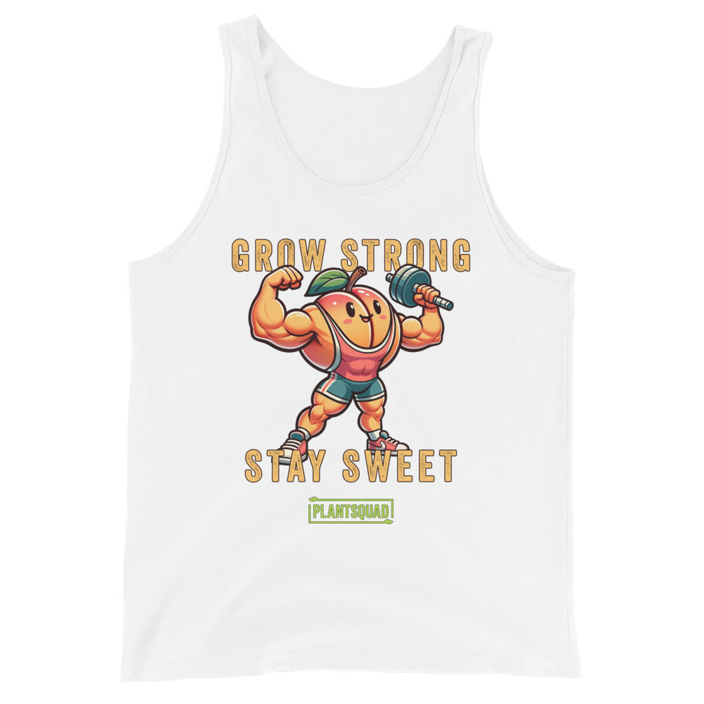 A black vegan workout tank top featuring an illustration of a muscular, happy anthropomorphic pumpkin lifting a dumbbell. The text above and below the pumpkin reads "Grow Strong Stay Sweet," with a green box at the bottom containing "PlantSquad." Perfect for showcasing your plant-based lifestyle! Introducing the Plantsquad Peach "Grow Strong Stay Sweet" - Unisex Tank Top.