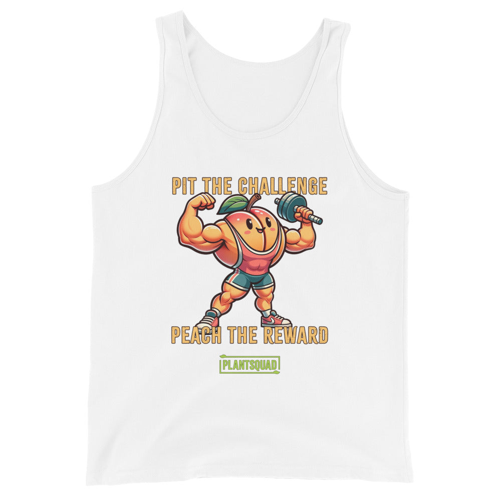 A black tank top featuring a muscly peach cartoon lifting a barbell. The text above the peach says "PIT THE CHALLENGE" and below it says "PEACH THE REWARD." Underneath, the word "PLANTSQUAD" is displayed on a green background, making it ideal vegan gym wear for those embracing a plant-based lifestyle. Plantsquad Peach "Pit The Challenge Peach The Rewards" - Unisex Tank Top