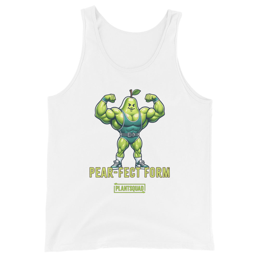 A Plantsquad Pear "Pear-fect Form" - Unisex Tank Top featuring a muscly pear cartoon flexing its arms. The text below the pear reads "PEAR-FECT FORM" with a small "PLANTSQUAD" logo underneath, making it perfect for gym enthusiasts embracing a plant-based lifestyle.